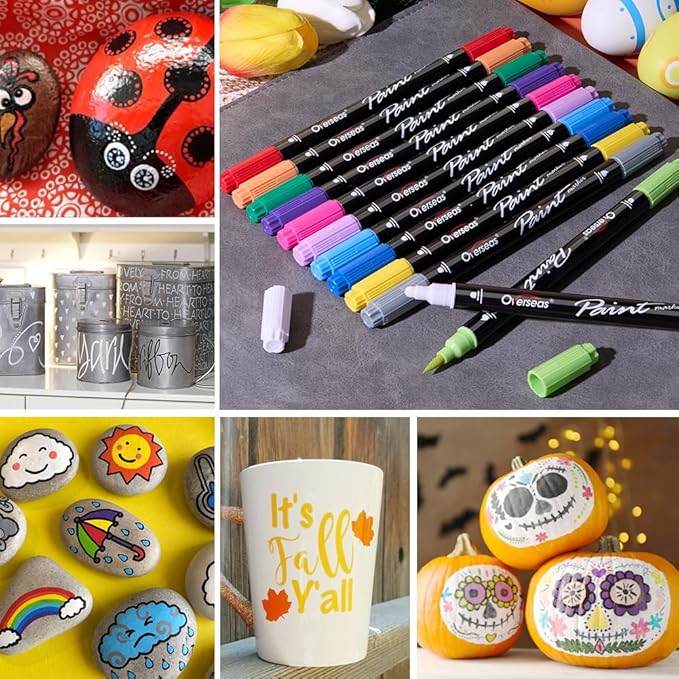 Overseas Yellow Acrylic Paint Markers, 2 Pack Dual Tip Paint Pens Acrylic Markers with Dot and Brush Tip, Coloring Marker for Wood, Rock, Canvas, Glass, Metal, Plastic, Fabric, School Supplies