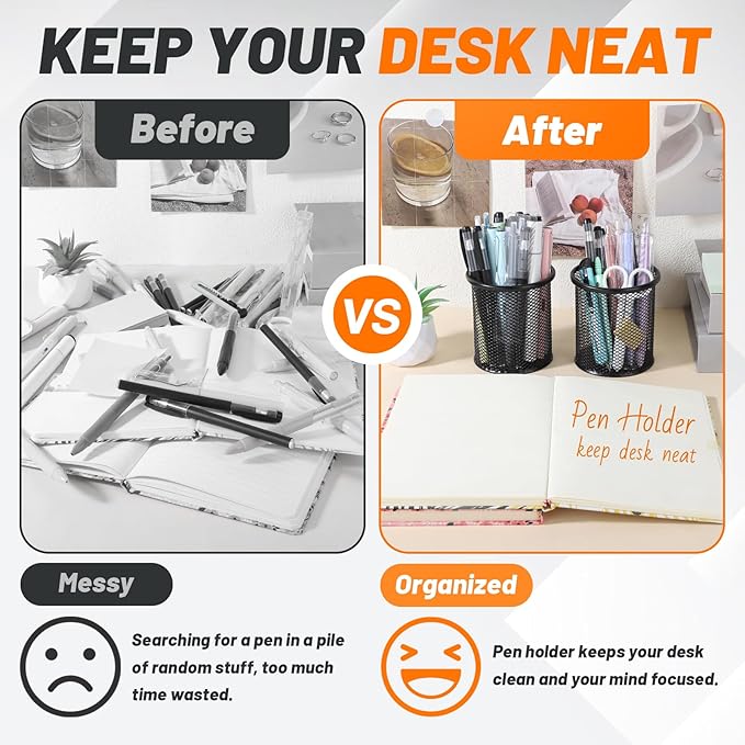 Segarty Pen Cup Holder for Desk, 12 Pack Black Pencil Holder, Round Wire Mesh Pen Container Set for Office Supply, School Classroom, Home Desktop Accessories, Makeup Brush Organizer