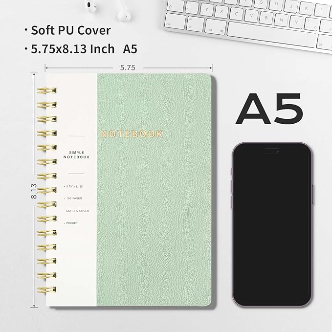 Lined Spiral Notebook College Ruled A5 Journal Book for Note Taking, 160 Pages Writing Journal for Office and Home School Supplies 5.75x8.125 inch (1MintGreen)