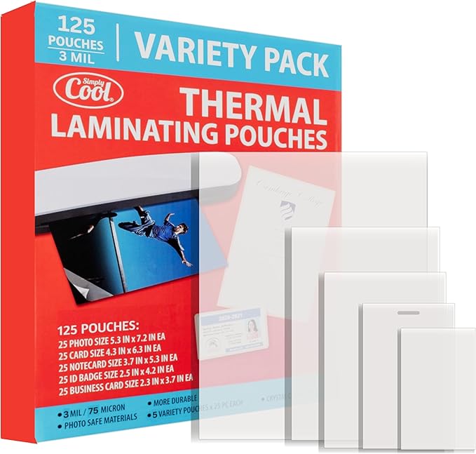 3MIL Thermal Laminating Sheets (125 Count) Photo, Card, Notecard, ID Badge, and Business Card Sizes, Dry-Erase Friendly Laminating Pouches, Compatible with Laminators, Crystal Clear Laminated Finish