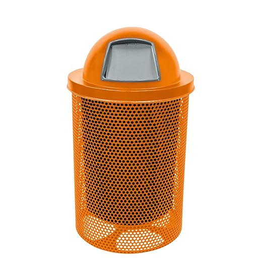 Coated Outdoor Furniture 32-Gallon Heavy-Duty Punched Steel Round Trash Receptacle, Commercial Outdoor Waste Bin with Liner & Dome Lid – Made in America (Textured Orange)