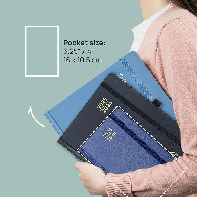 POPRUN Pocket Planner 2025-2026, (Purse Size 4''x 6.25'' Hard Cover) Academic Year Calendar Daily Weekly and Monthly (July 25-June 26) with Hourly Time Slots, 100 GSM Paper - Haze Blue
