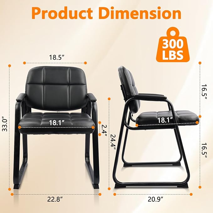CLATINA Waiting Room Guest Chair with Bonded Leather Padded Arm Rest for Office Reception and Conference Desk Black with Sled Base