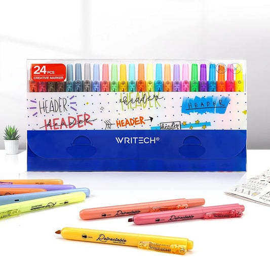 WRITECH Retractable Highlighters Assorted Colors: Chisel Tip Click Aesthetic Highlighter Marker Pens Pack Multi Colored Ink No Bleed Smear for Highlighting Journaling (24ct Mild+Vintage+Neon+Pastel)