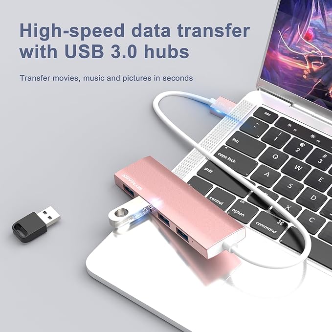 USB Hub, USB 3.0 Hub Aluminum Alloy Ultra Slim USB Splitter, Portable 4 Port USB Extender, USB Hub for Laptop, PC, MacBook, iMac, Surface Pro, Mac Pro, Flash Drive, XPS 【Pink】