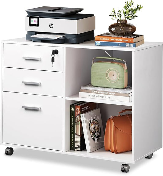 DEVAISE 3-Drawer Wood File Cabinet with Lock, Mobile Lateral Filing Cabinet, Printer Stand with Open Storage Shelves for Home Office, White