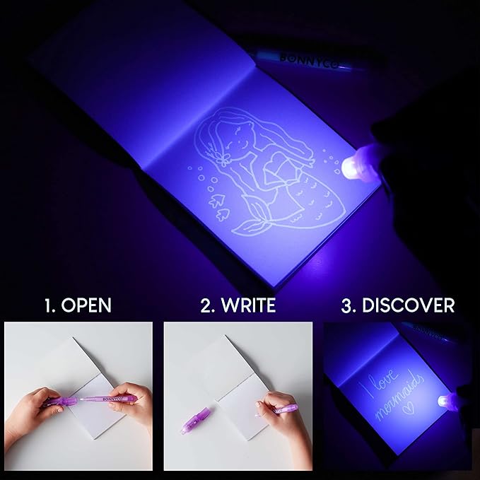 BONNYCO Invisible Ink Pen and Notebook Pack of 32 Mermaid Party Favors for Kids | Spy Pen Mermaid Party Supplies, Prizes for Kids | Magic Pen Mermaid Birthday Party Favors, Prizes for Students