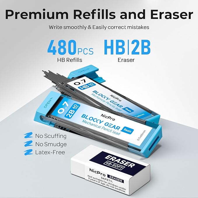 Nicpro 3 Pack Blocky Gear 0.7 mm Metal Mechanical Pencils Set with Case, Lead Drafting Pencil with 8 Tube (480PCS) Lead Refills(HB 2B), 4 Erasers, 18 Eraser Refills for Art Writing, Sketching Drawing