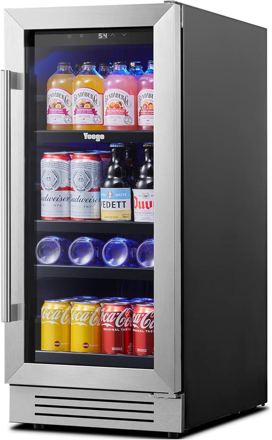 Yeego 15 Inch Beverage Refrigerator – 80 Can Mini Fridge with Glass Door, Built-In or Freestanding Cooler for Home Bar Office