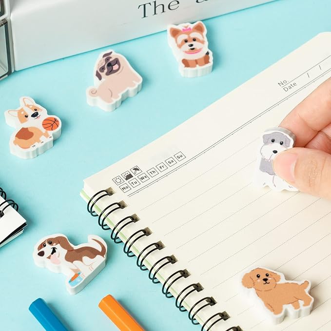 ANGOLIO 60PCS Animal Erasers for Kids - Cute Dog Pencil Toppers Classroom Rewards, 3D Mini Desk Pets for School Party Favors Birthday Gifts & Game Prizes