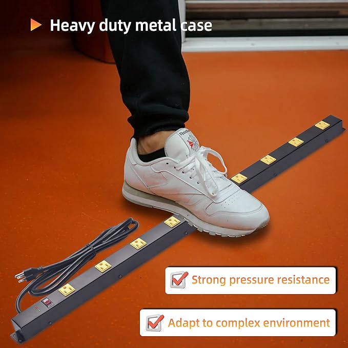 10 Outlet Long Power Strip Surge Protector, Heavy Duty Industrial Metal Power Strip 6 Feet, Wall Mountable, for Work Bench, Shop, Garage, Black (1000 Joules)