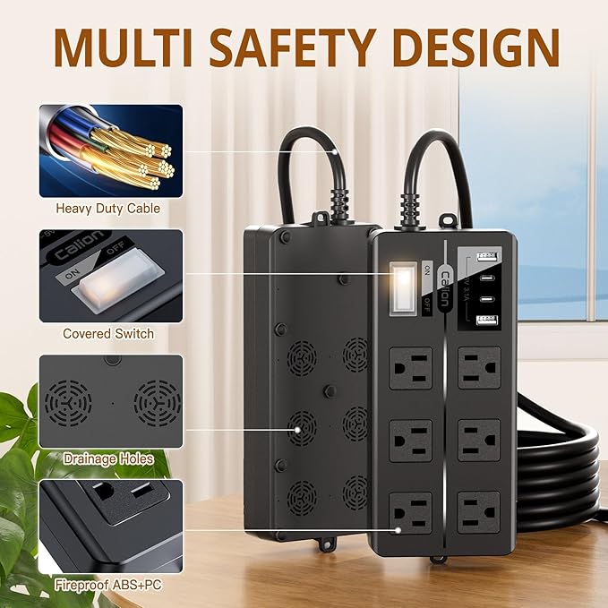 Outdoor Power Strip Weatherproof,Patio Waterproof Surge Protector with 4 USB Ports and 6 Outlets, 10 FT Extension Cord with Flat Plug,Shockproof Overload Protection,Mountable for Home Office Porch