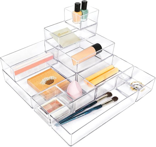 Stackable Acrylic Drawer Organizer Set, 11 PCS Multi-Size Storage Bins for Makeup, Office Desk, Bathroom, Vanity and Kitchen Utensils