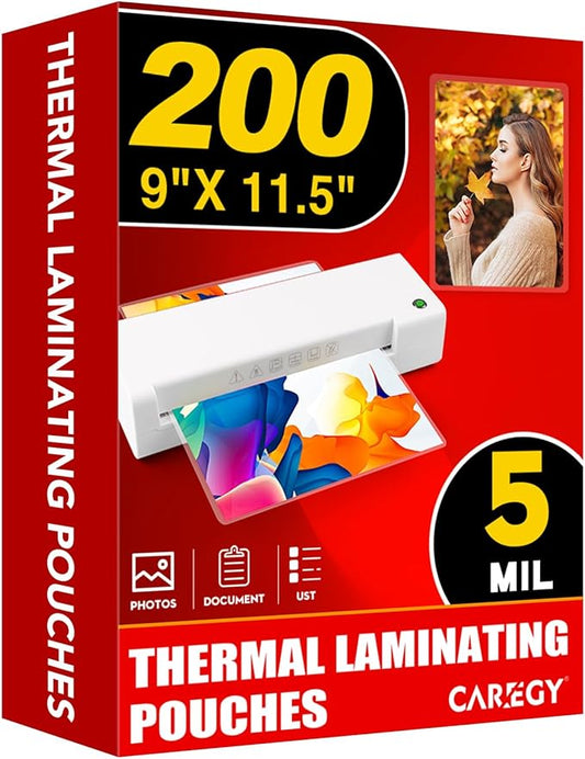 CAREGY 5 Mil Thermal Laminating Pouches (200 Pack) - 9x11.5 Inch Laminating Sheets for 8.5x11 Documents, Clear,Office & School Laminator Supplies