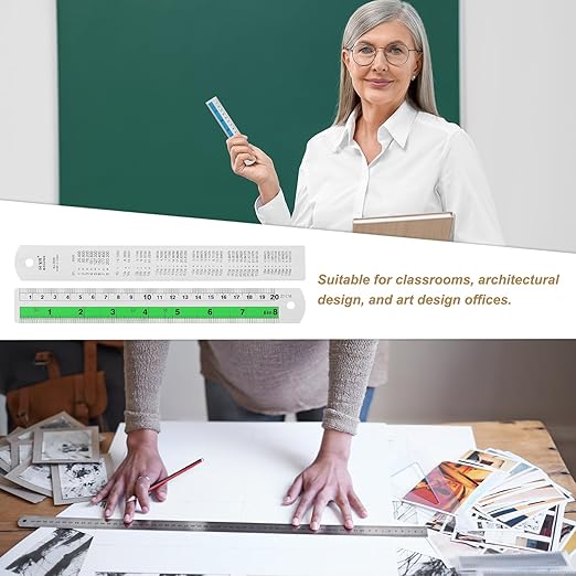 HARFINGTON 4pcs Metal Straight Ruler 20cm Metric SAE Aluminum Alloy Measuring Rulers Scale Tool with Hole for Measure Study Reading Classroom Office, Green