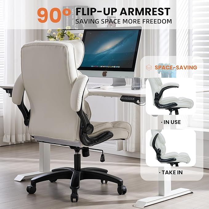 Big and Tall Office Chair 500lbs Wide Seat Executive Office Desk Chair High-Back Office Task Chair with Flip-Up Armrest, Ergonomic Lumbar Support Computer Office Chairs for Heavy People(White)