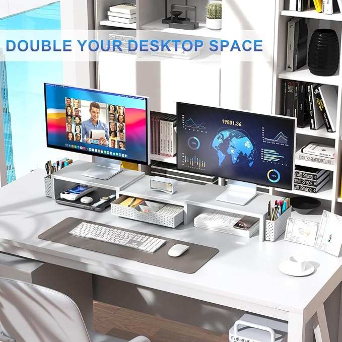gianotter Dual Monitor Stand Riser, Desk Organizer With Drawer and 2 Pen Holders, Monitor Stand for Desk, Office Decor Essentials (White)