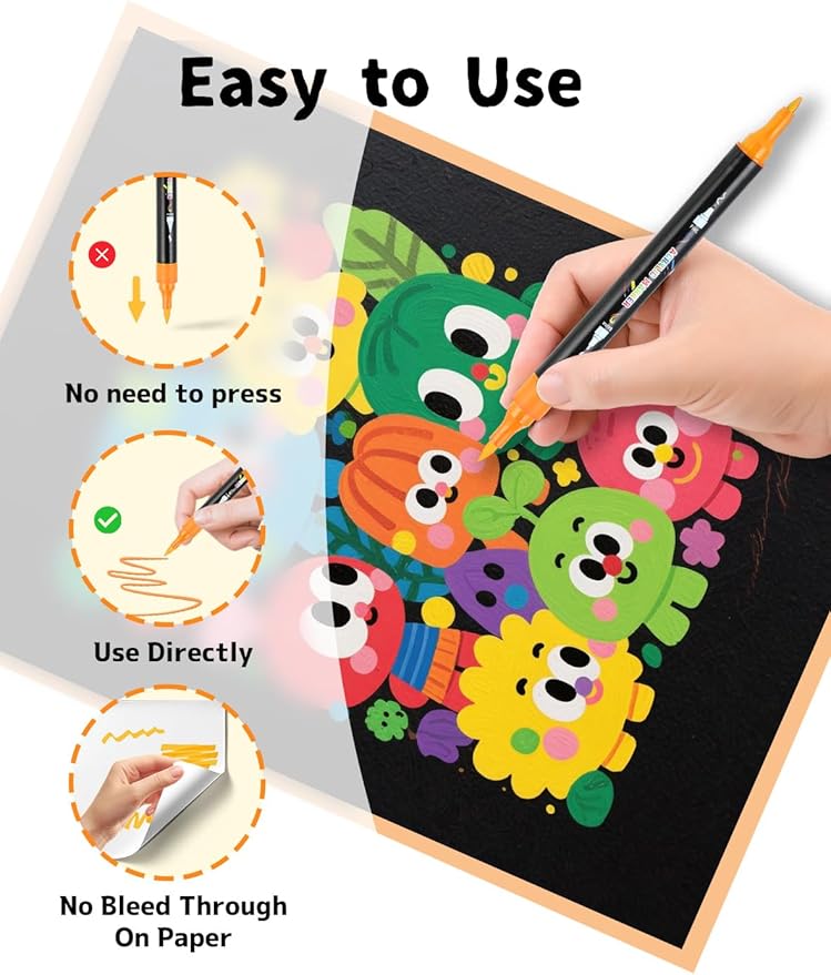 30 Colors Acrylic Paint Pens, Dual Tip Acrylic Paint Markers with Brush and Fine Tips for Kids and Adults, Wood, Canvas, Stone, Rock Painting, Glass, Ceramic Surfaces, DIY Crafts Making