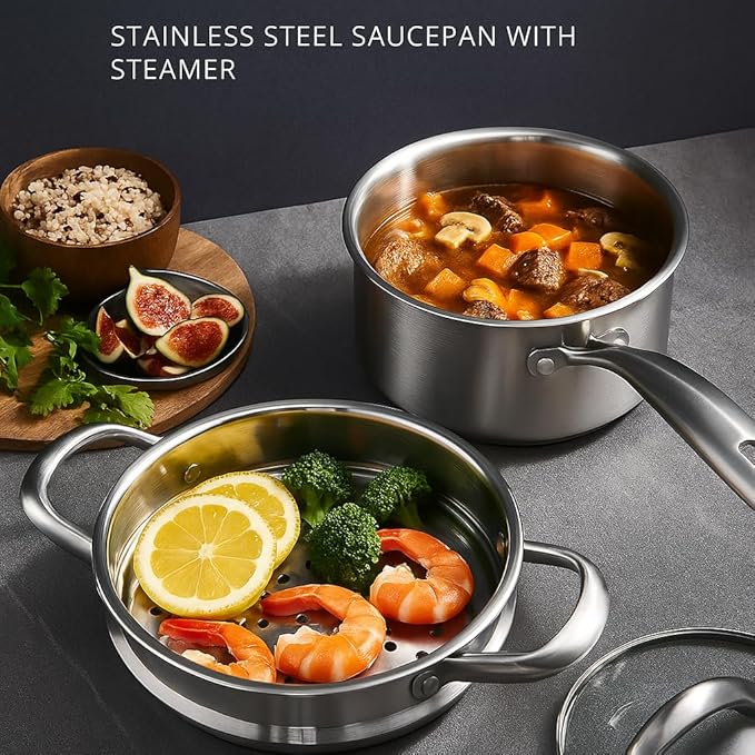 1.5 Quart Stainless Steel Saucepan with Steamer Basket, 18/10 Tri-ply Construction, Versatile Sauce Pan with glass Lid - Perfect for Cooking Gravies. Pasta, Vegetable and More