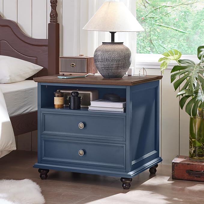 24" Wide Farmhouse Nightstand Set of 2 with Charging Station,End Table with 2 Drawers,Blue Wood Dresser for Bedroom Cabinet, Bed Side Table Chest of Drawers, Night Stand for Living Room, Closet