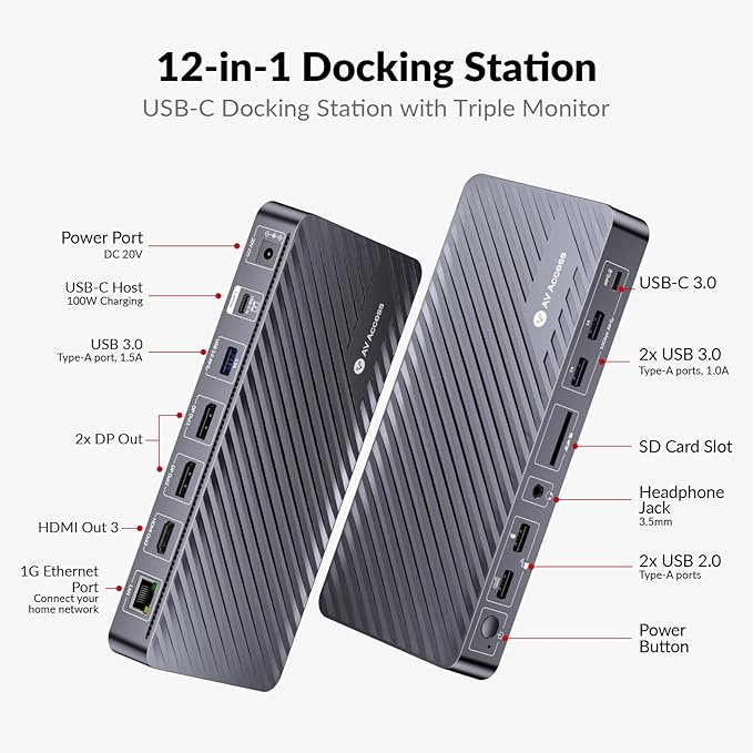 Docking Station Triple Monitor, 4K@60Hz (2 DP + 1 HDMI), 100W Laptop Charging, 10Gbps USB-C/A, Ethernet, Audio, SD, Plug & Play USB-C Dock for MacBook/Chrome/Dell/HP/Lenovo