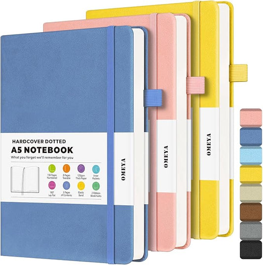 Bullet Dotted Journal Notebook 3 Pack, A5 Dotted Journal with 120gsm Paper, Leather Dotted Notebook, Hardcover Dot Grid Notebook Each with 156 Nmubered Pages, Dot Journal for Women, 5.75" × 8.38"