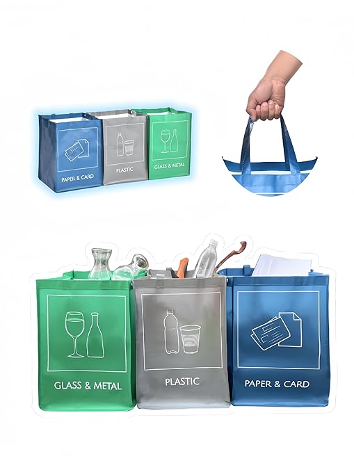 YOUNG DA Reusable Recycle Bags, 3-Piece Separate Recycling Bin Set for Home, Kitchen, and Office - Waterproof Recyclable Waste Sorting Organizer