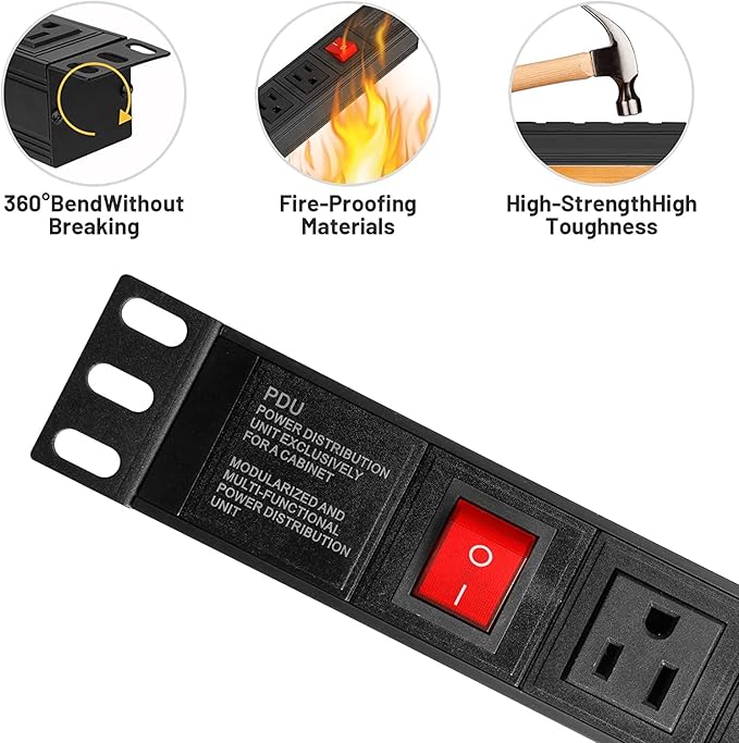 BTU Power Strip Surge Protector Rack-Mount PDU, 8 Right Angle Outlets Wide-Spaced, Mountable Power Strip Heavy Duty for Server Racks, Commercial, 300J (Black 10FT)