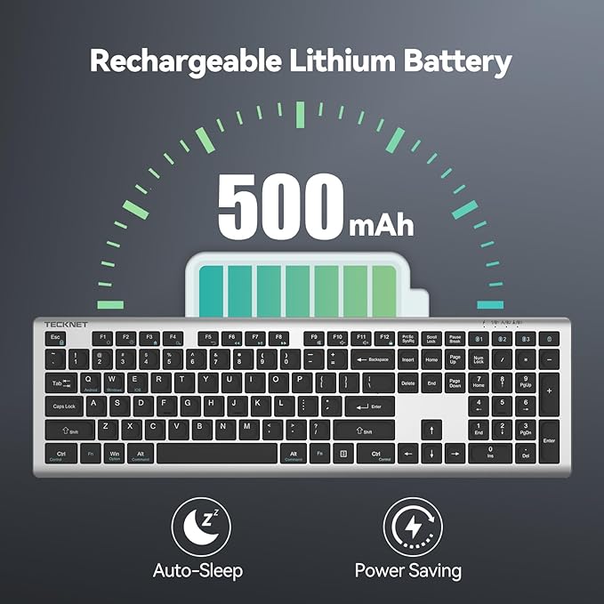 TECKNET Bluetooth Keyboard Rechargeable, 4-Device (2.4G+BT) Wireless Keyboard, Full Size Computer Keyboard with Stand, Ultra-Slim Quiet Typing, for PC/Laptop/Smart TV/Phone/Tablet, 12 Hotkeys