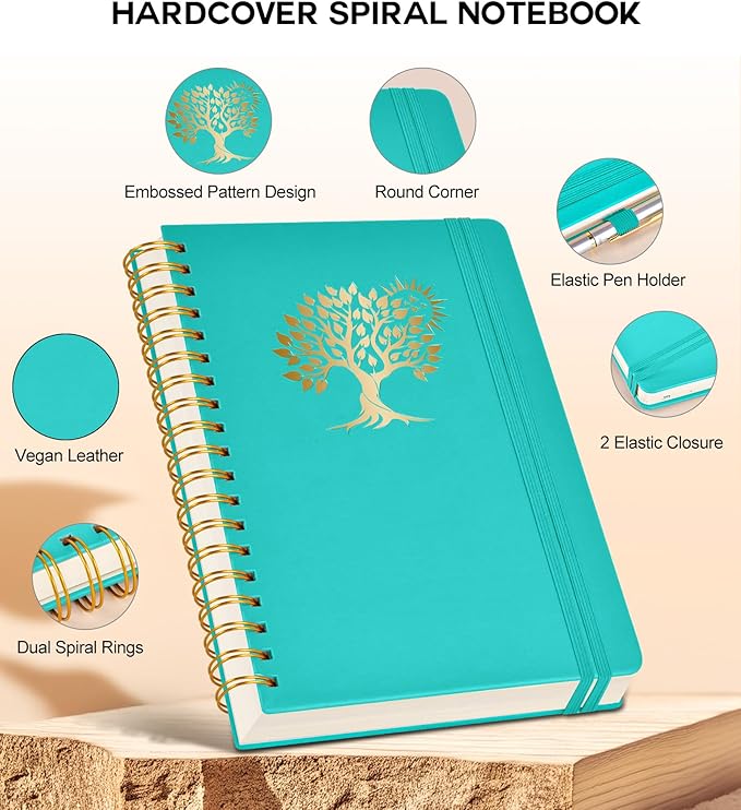 Spiral Notebook Journal for Women Men, 300 Numbered Lined Pages, College Ruled, A5 Hardcover Spiral Bound Notebook for School, Work, Note Taking Writing, Leather Spiral Journal Medium 5.9"x8.5"