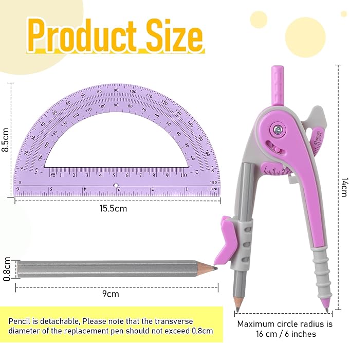 Chengu 12 Set Compass and Protractor Set, Multicolor Compass Geometry Tool 6 Inch 180 Degree Translucent Protractors for Geometry, Math Graphing Drawing Tools for Office and School Supplies