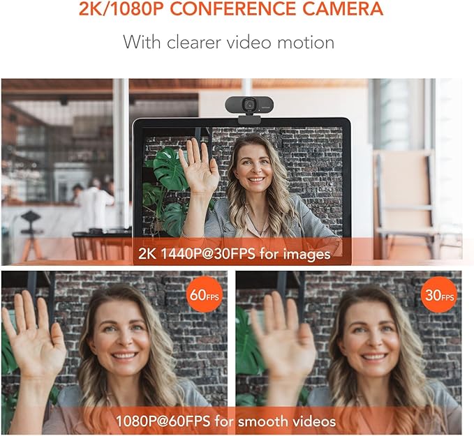 NUROUM V15AF 2K Webcam for PC, 1080P 60fps Autofocus HD Webcam with Dual Noise Cancelling Microphone, 75° FOV&Light Correction, USB Web Camera Plug&Play for Zoom/Teams,Grey