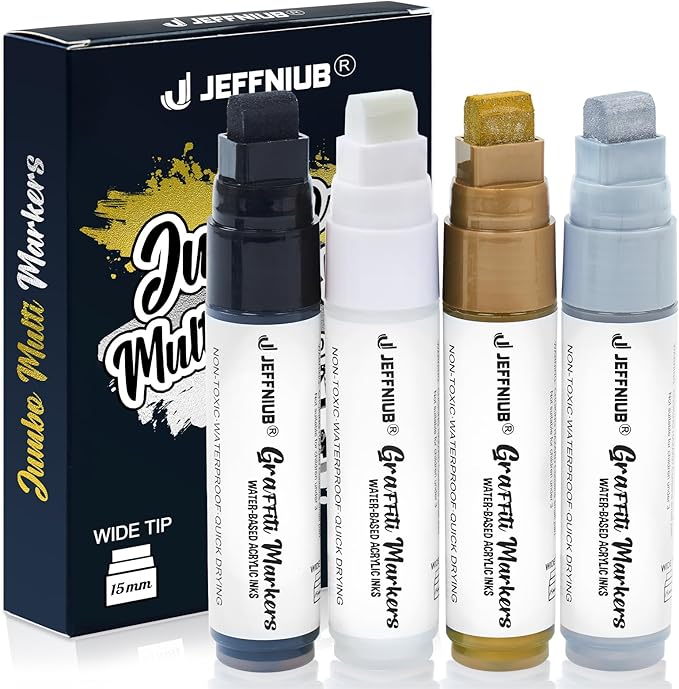 Paint Markers White/Black/Gold/Silver, 4Pcs Jumbo Acrylic Paint Markers Fat Wide Nibs 15mm, Acrylic Paint Pens for Stone, Metal, Wood, Glass, Canvas, Posters Supplies