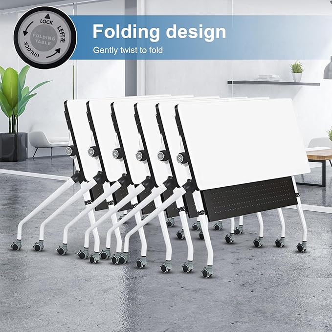 Conference Table, Folding Conference Room Tables, Mobile Training Tables with Silent Wheels, Large Rectangular Modular Seminar Table Office Computer Desks for Classroom White (6Pack L47.2in)