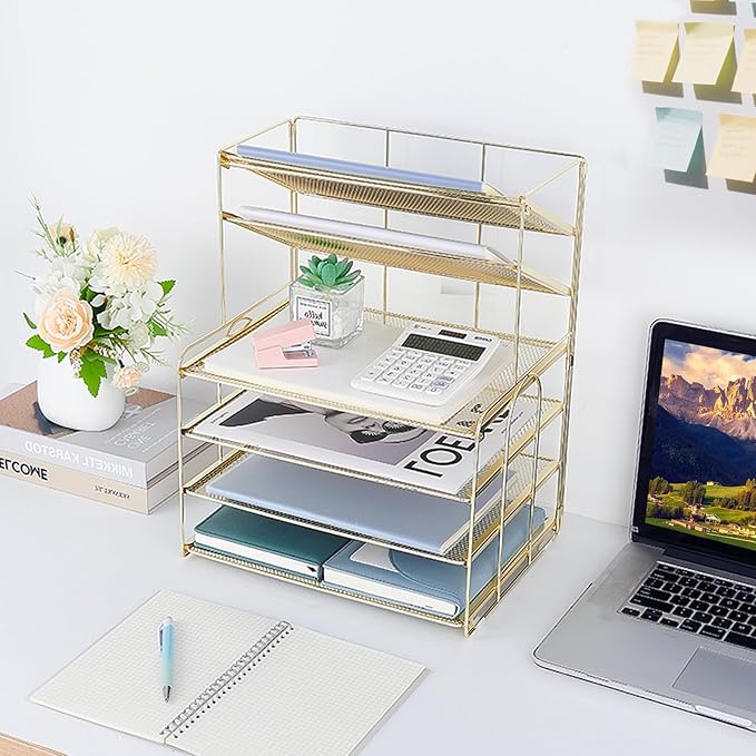 6-Tier Letter Tray Paper Organizer, Desk Organizers and Accessories, Desktop File Organizer, Office Desk Accessories for Office Supplies (Gold)