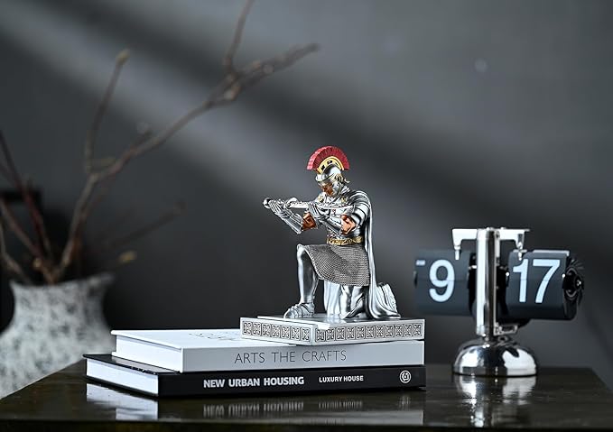 Roman Praetorian Prefect Warrior Knight Pen Holder Desk Ornament Resin Praetorian Guard Mobile Phone Stand Desk Accessories and Organizer For Office with a Letter Opener (Silver)