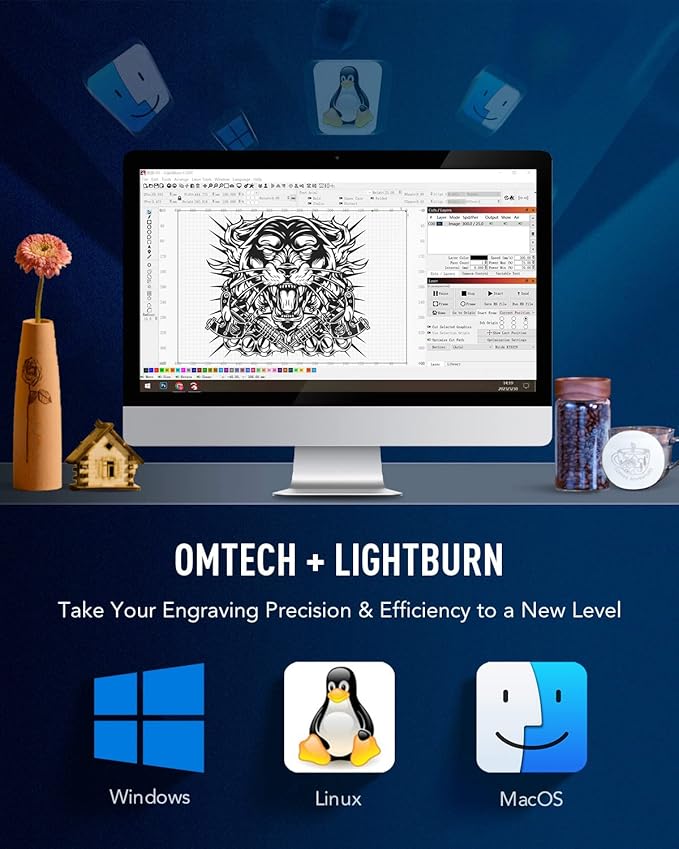 OMTech 60W CO2 Laser Engraver with LightBurn and Water Chiller, 16"x24" Laser Engraving Cutting Machine with Air Assist 2 Way Pass Digital Controls, Commercial Laser Cutter