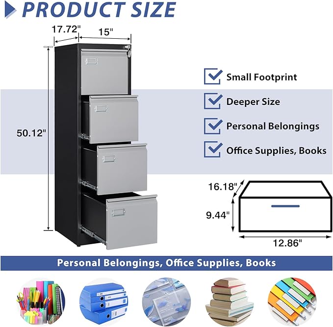 4 Drawer File Cabinet, Filing Cabinets for Home Office, Metal Vertical File Storage Cabinet with Lock, Locking File Cabinet for A4 Legal/Letter, 15" W x 17.7" D x 50.1" H, Assembly Required