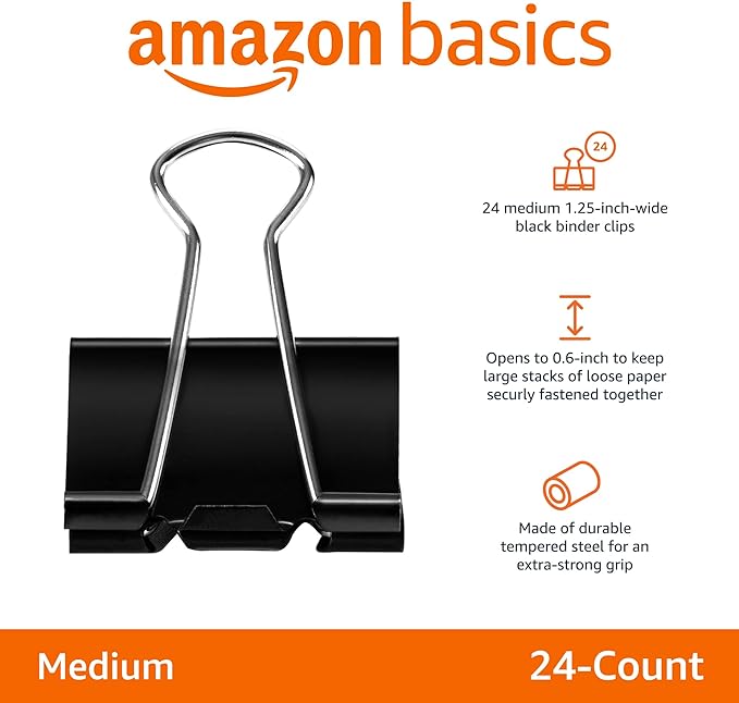 Amazon Basics Binder Paper Clips, Medium Clip (Small Box), 24 Count, 2 Pack of 12, Black