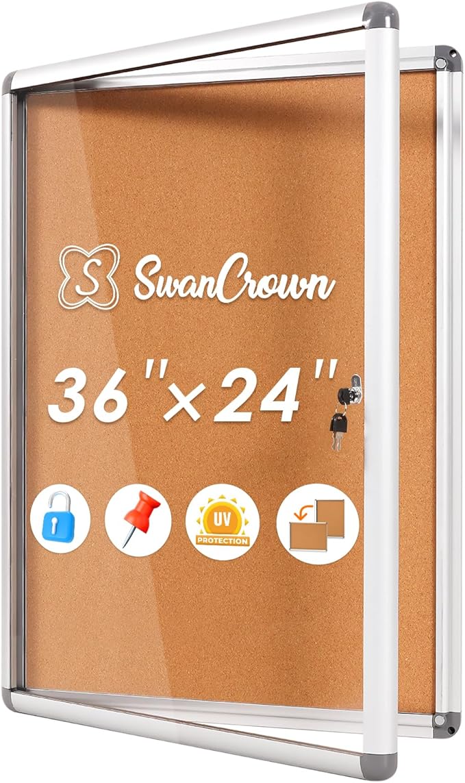 SWANCROWN Enclosed Bulletin Board 36x24 in, Tamperproof Lockable Cork Board Wall Display Case for Office School Home, Aluminum Frame