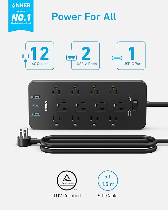 Surge Protector Power Strip (2100J), Anker 12 Outlets with 1 USB C and 2 USB Ports foriPhone 15/15 Plus/15 Pro/15 Pro Max, 5ft Extension Cord, Flat Plug, 20W USB C Charging for Home, Office,TUV Listed