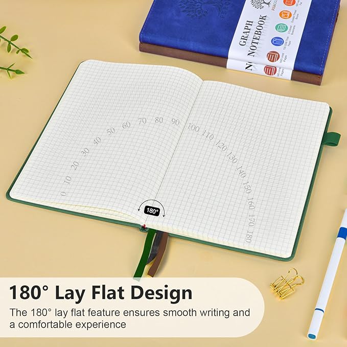 PERCUN Graph Paper Notebook, 160 Pages Grid Journal for women & men, A5 Hardcover Leather Graphing Notebook for School, Work, Travel, Note Taking 5.9”x8.5” (Green)