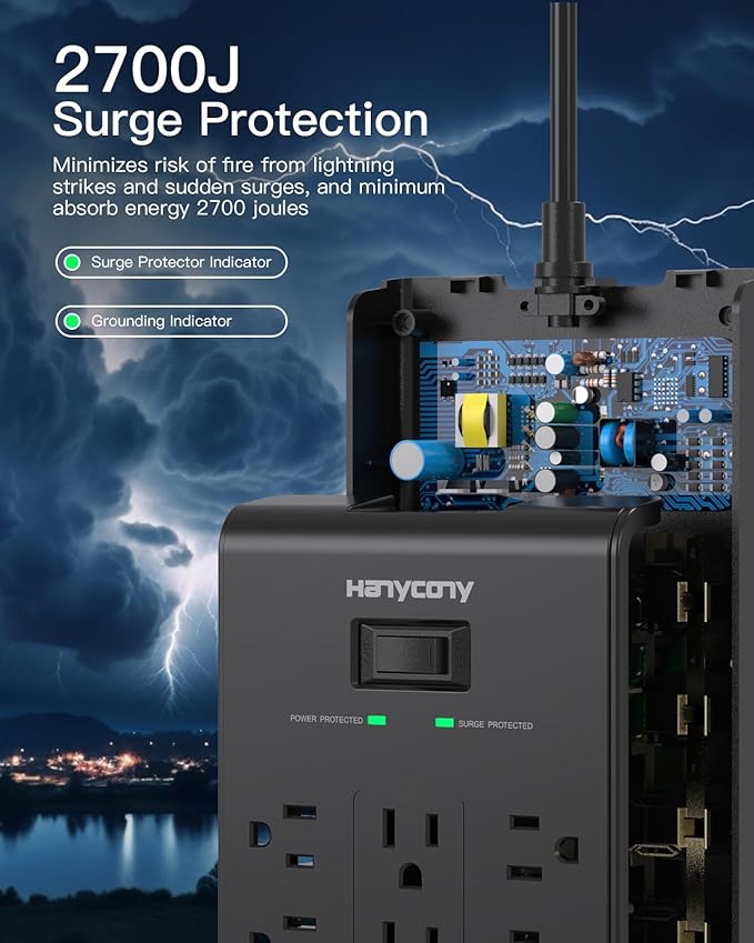 Power Strip 10 Ft, HANYCONY Surge Protector with 16 Outlets 4 USB Ports(2 USB C), Flat Plug Heavy Duty Extension Cord, 2700 Joules, Wall Mount for Home Office, ETL Listed, Black