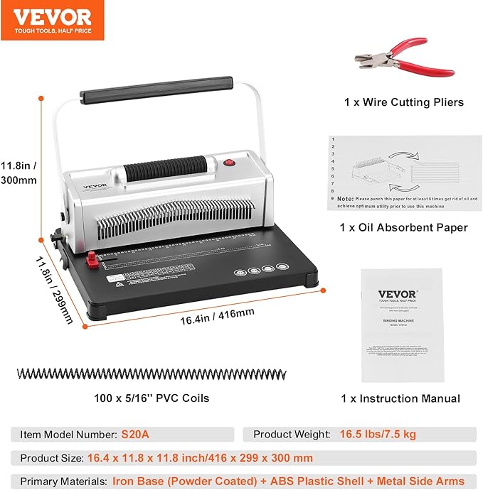 VEVOR Coil Spiral Binding Machine, Manual Book Maker with Electric Binding, 46-Holes Binding 500 Sheets Punch Binder, with 100pcs 5/16'' Coil Binding Spines, for Letter Size, A4, A5