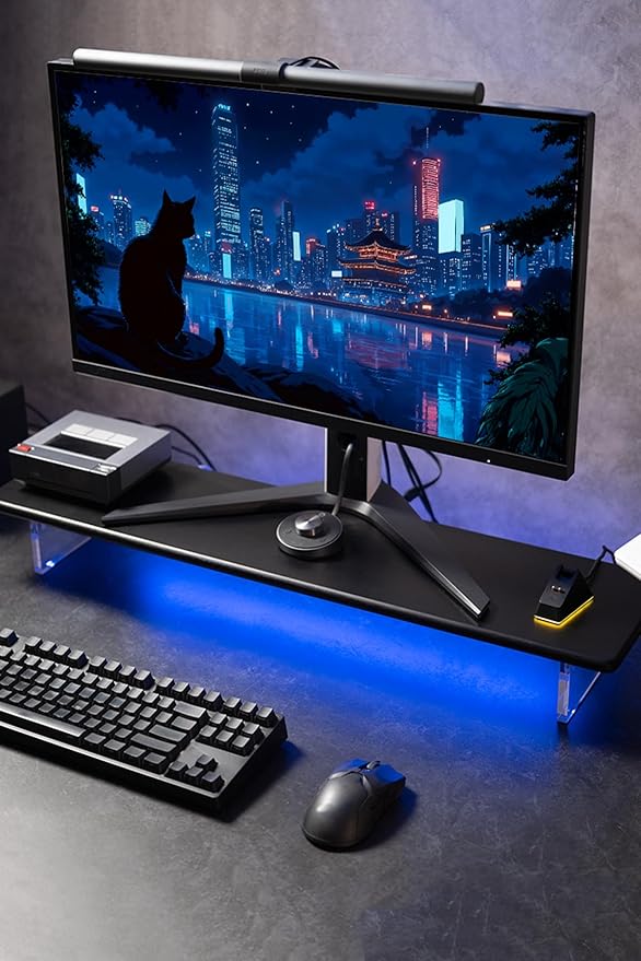 Bamboo Monitor Stand Riser with RGB Lights,31.5 Inches Desktop Shelf with Acrylic Legs Supports for Desk, PC Computer Monitor, Laptops, Printer, Speakers (Black)