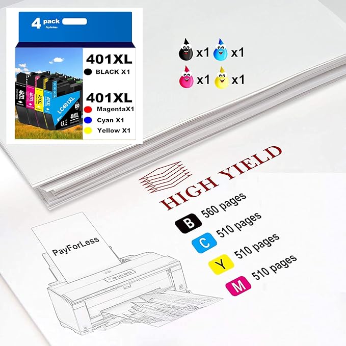 PayForLess LC401XL Ink Cartridges for Brother Printer Compatible for LC401 401 XL MFC-J1010DW MFC-J1012DW MFC-J1170DW Printer 4 Pack (1 Black, 1 Cyan, 1 Magenta, 1 Yellow) Not Original Ink Cartridge