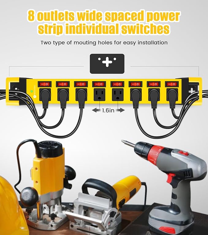 Heavy Duty Power Strip with Individual Switches,8 Outlets 14 Gauge Industrial Shop Garage Metal Multiple Outlets,1200J Surge Protector Mountable Power Strip (Yellow, 25 FT)