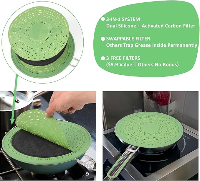 11" Multi-Functional Silicone Splatter Screen with Foldable Handle | 3-in-1 Activated Carbon Filter for Odor Absorption | Dishwasher Safe & Easy Cleaning | Fits 8-11" Pans