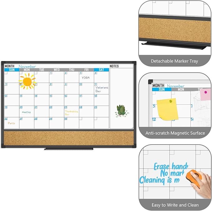 XBoard Dry Erase Calendar Whiteboard 36 X 24 - Combo White Board Calendar Monthly, Magnetic White Board + Corkboard with Black Aluminum Frame, 10 Colorful Push Pins & Marker Tray Included