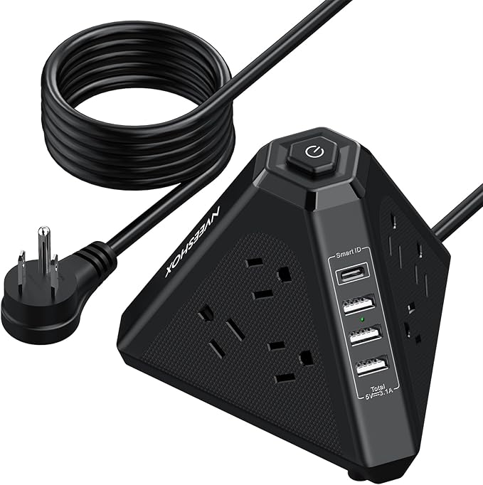 Tower Surge Protector Power Strip, NVEESHOX 9 AC Outlets with 4 USB Ports (1 USB C) 3-Side Triangle Outlets with USB Ports,6.5 Ft,Flat Plug, Charging Station with Surge Protection (Black+6.5 FT)